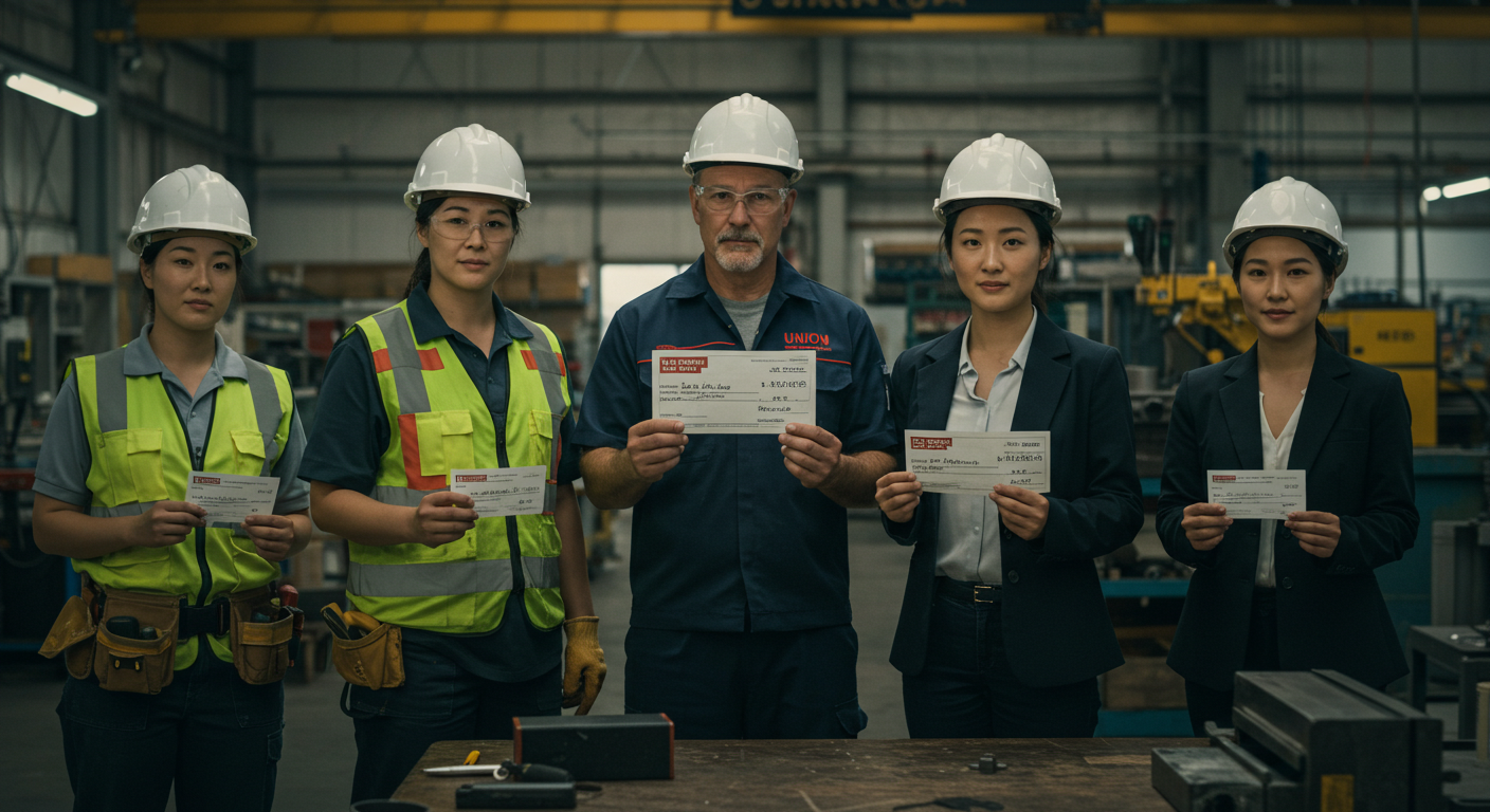 Image showing union workers holding their pay checks repesenting union wages.